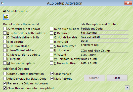 ACS setup activation lets you choose which records are updated