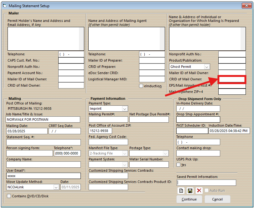 Enter the nonprofit organization's CRID in the CRID of Mail Owner section