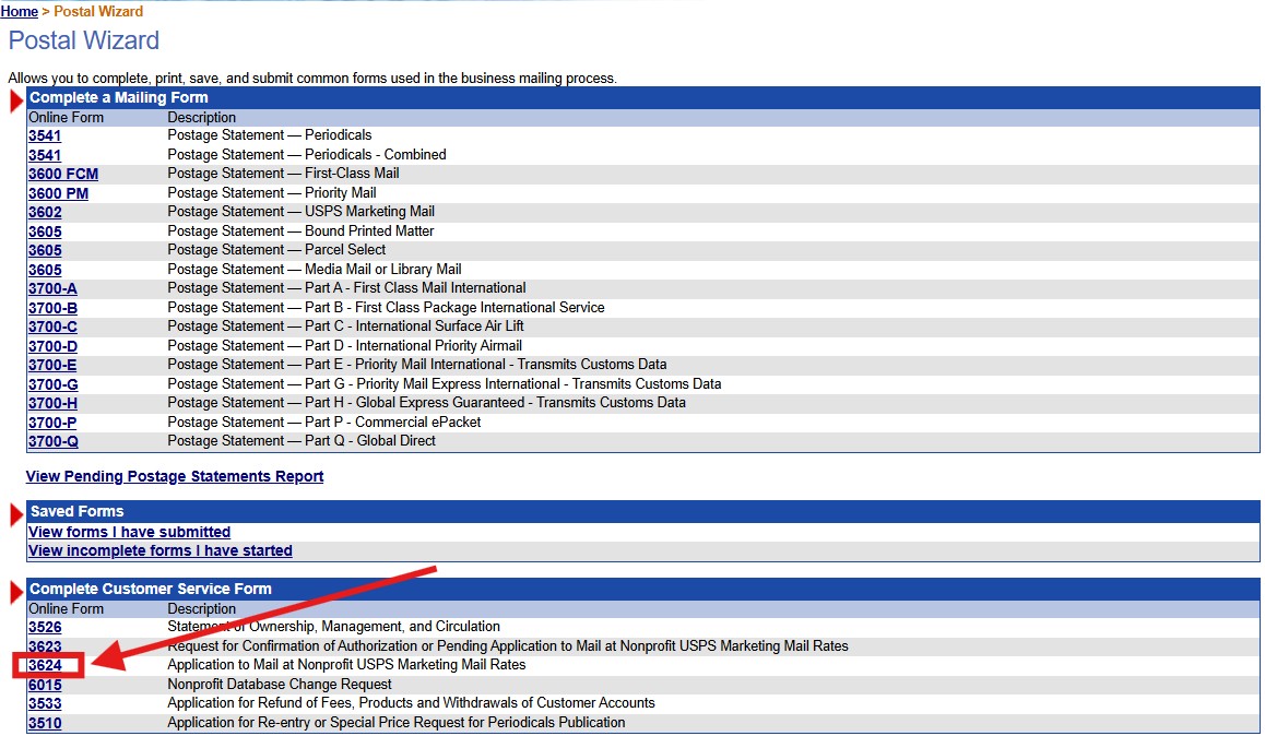 Complete application 3624 to obtain nonprofit status with the USPS