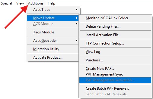 Additions menu > Move Update > PAF Management Activation