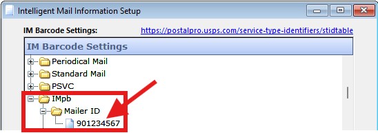Enter IMpb-specific Mailer ID into Intelligent Mail Information Setup window