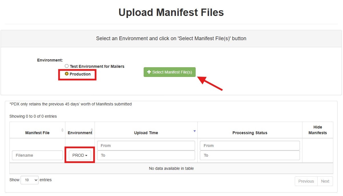 Upload Manifest Files window