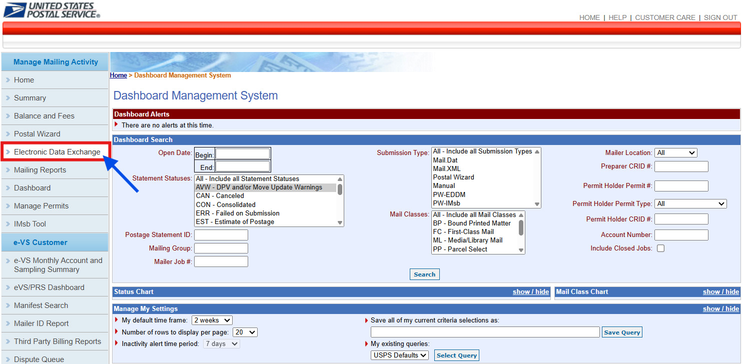 In Dashboard Management System, click on Electronic Data Exchange