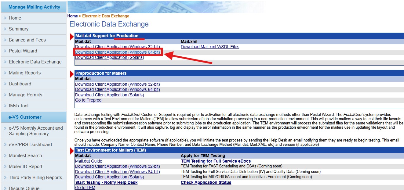 Click on Download Client Application (Windows 64-bit) in Mail.dat Support for Production section
