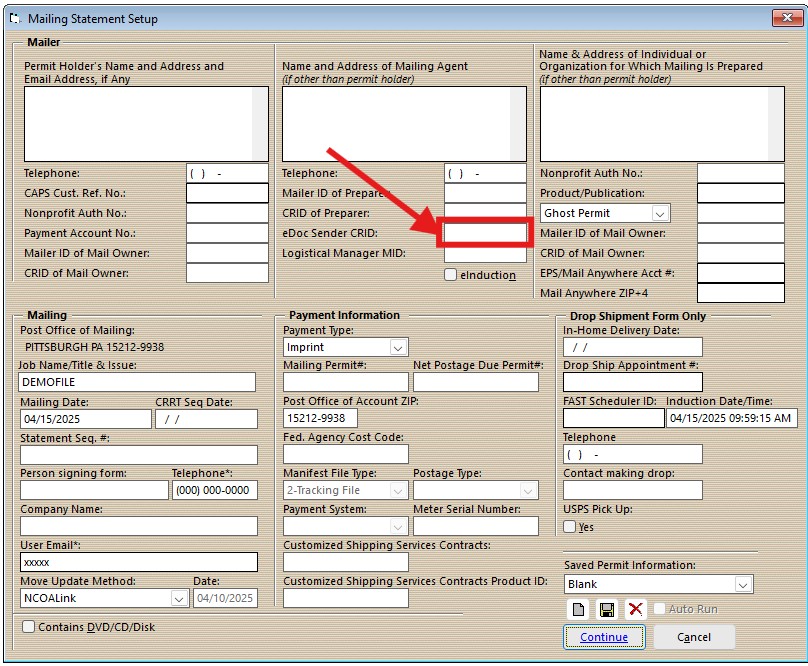 Mailing Statement Setup window - eDoc Sender CRID