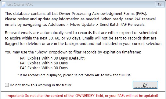 List Owner PAFs Database