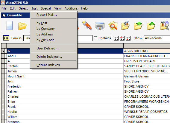 List View with Sort Menu Activated