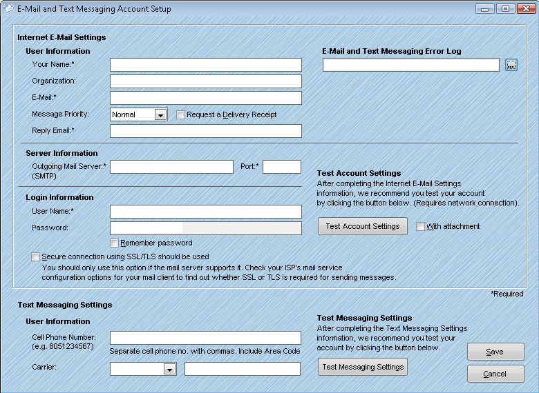E-Mail and Text Messaging Account Setup Window