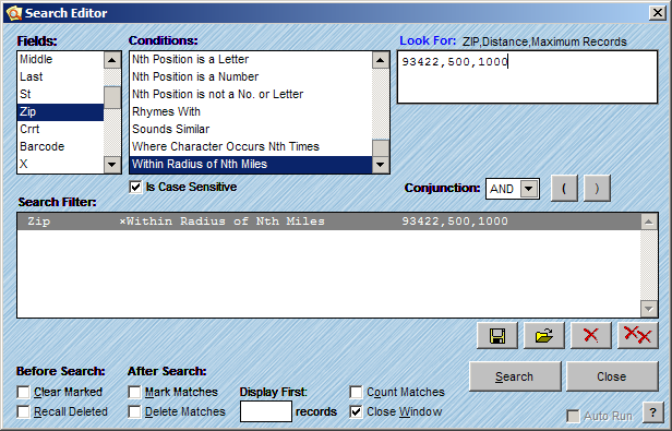 Search Editor with Radius Filter