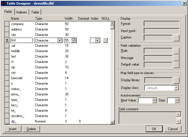 Table Designer Window with First field reordered