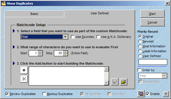 User Defined Match Code Setup Window