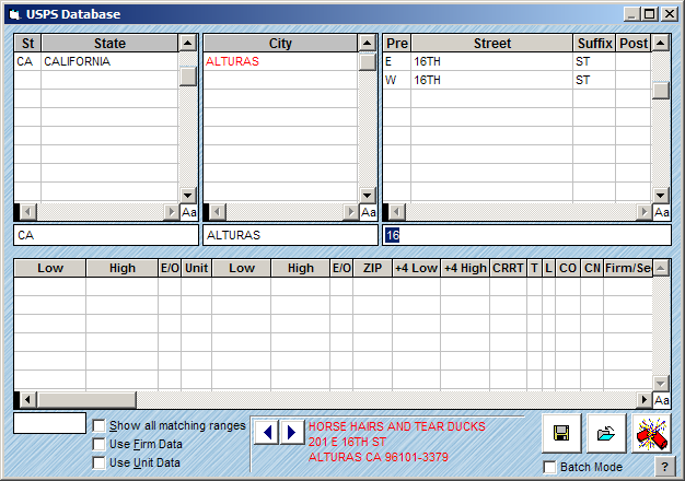 USPS Database Window