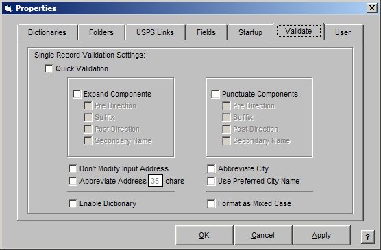 Validate Properties Window