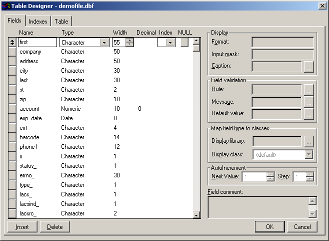 Table Designer Window with Character, Numeric, and Date types